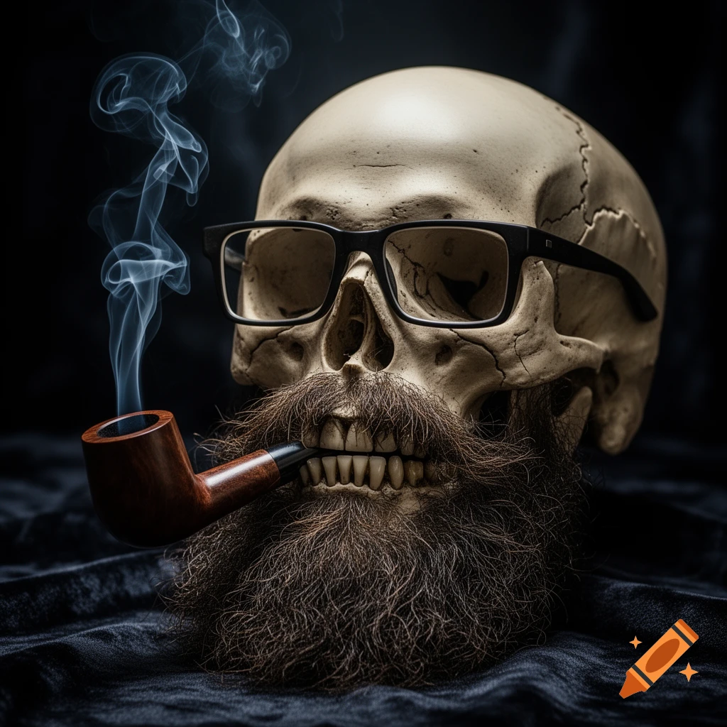 A photorealistic image of a skull wearing thick square glasses, with a full beard, smoking a pipe with smoke curling upwards, on a dark background.