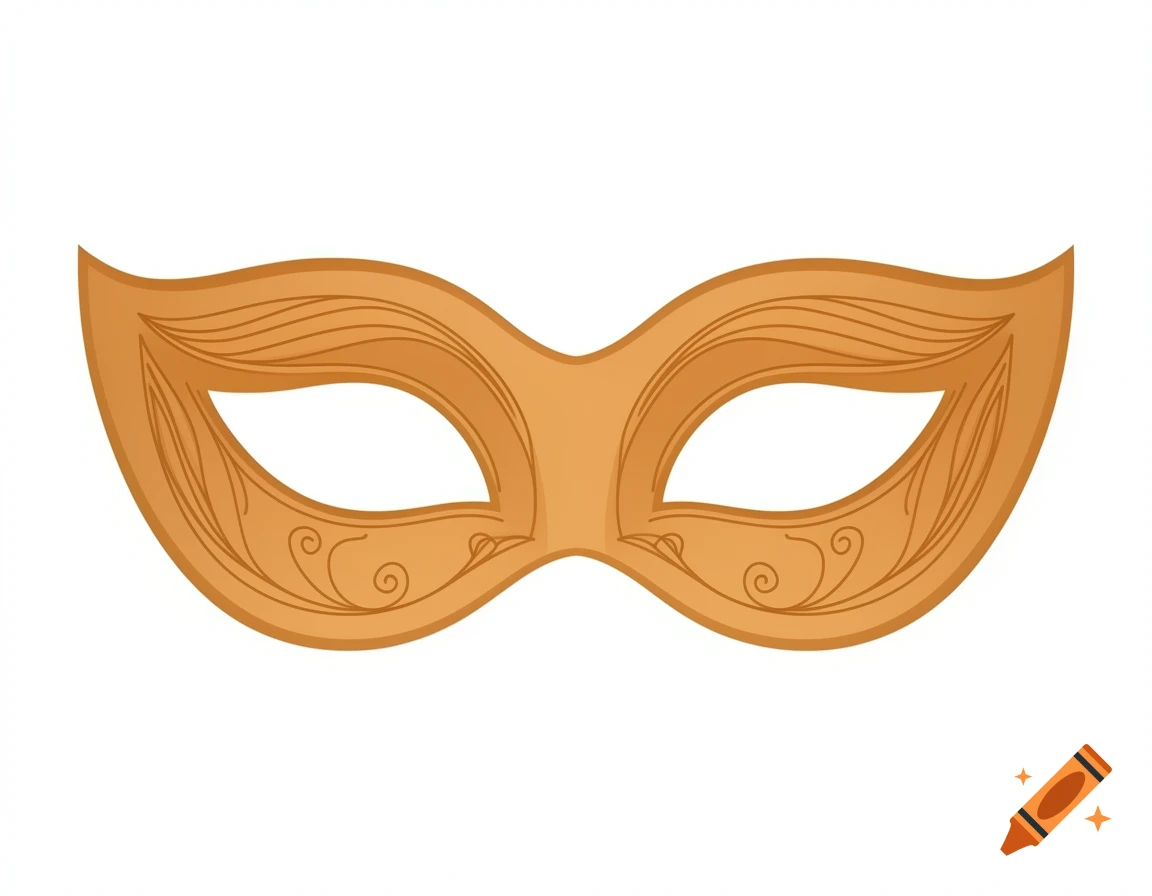 An elegant golden-brown mask illustration with fine swirling line patterns on a white background.