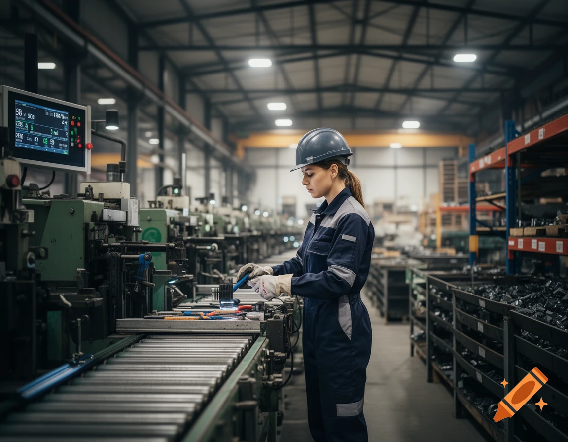 A female worker in a hard hat and uniform operates machinery in a large, well-lit factory, photorealistic.