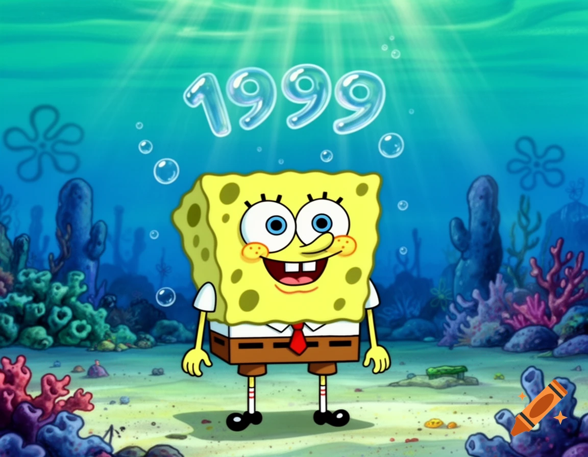 Spongebob Squarepants stands in an animated underwater scene with '1999' floating above him.