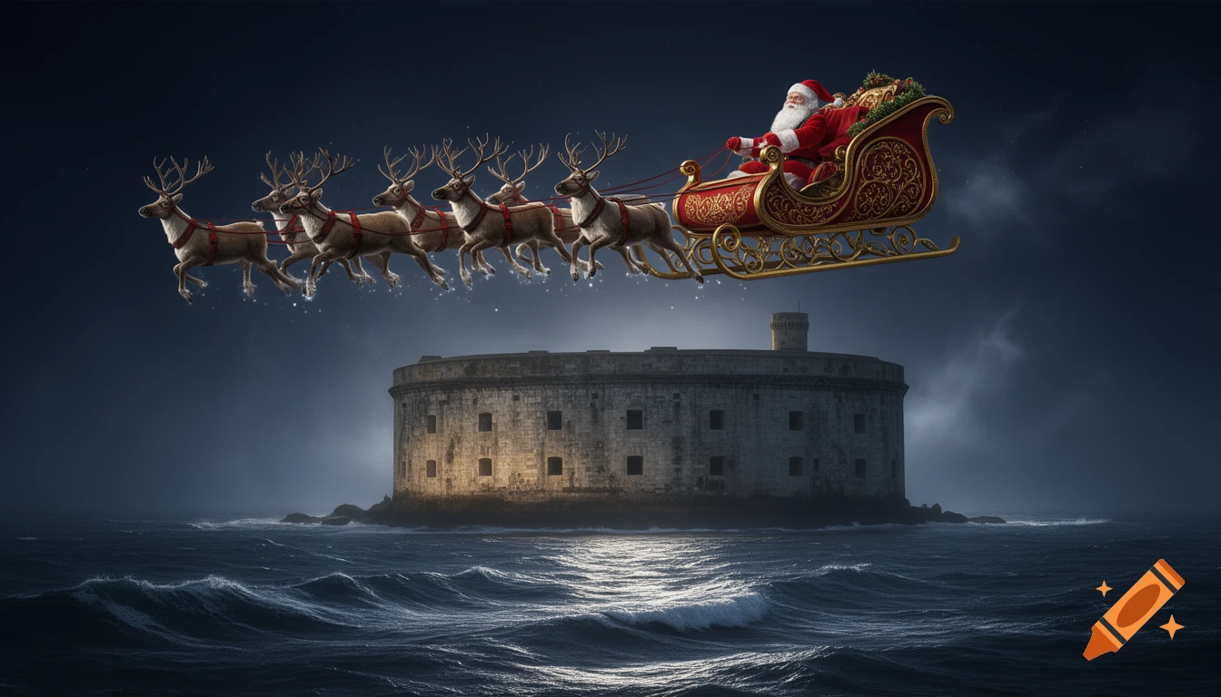 Santa Claus in his sleigh pulled by 8 reindeer flying over a circular stone fort in a dark, stormy sea at night.