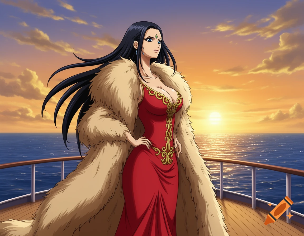Anime illustration of Boa Hancock in a red dress and large fur coat on a ship deck at sunset over the ocean.