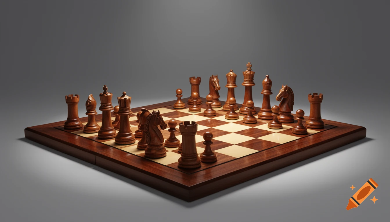 A detailed view of a complete wooden chess set on a chessboard, lit against a neutral gray background.