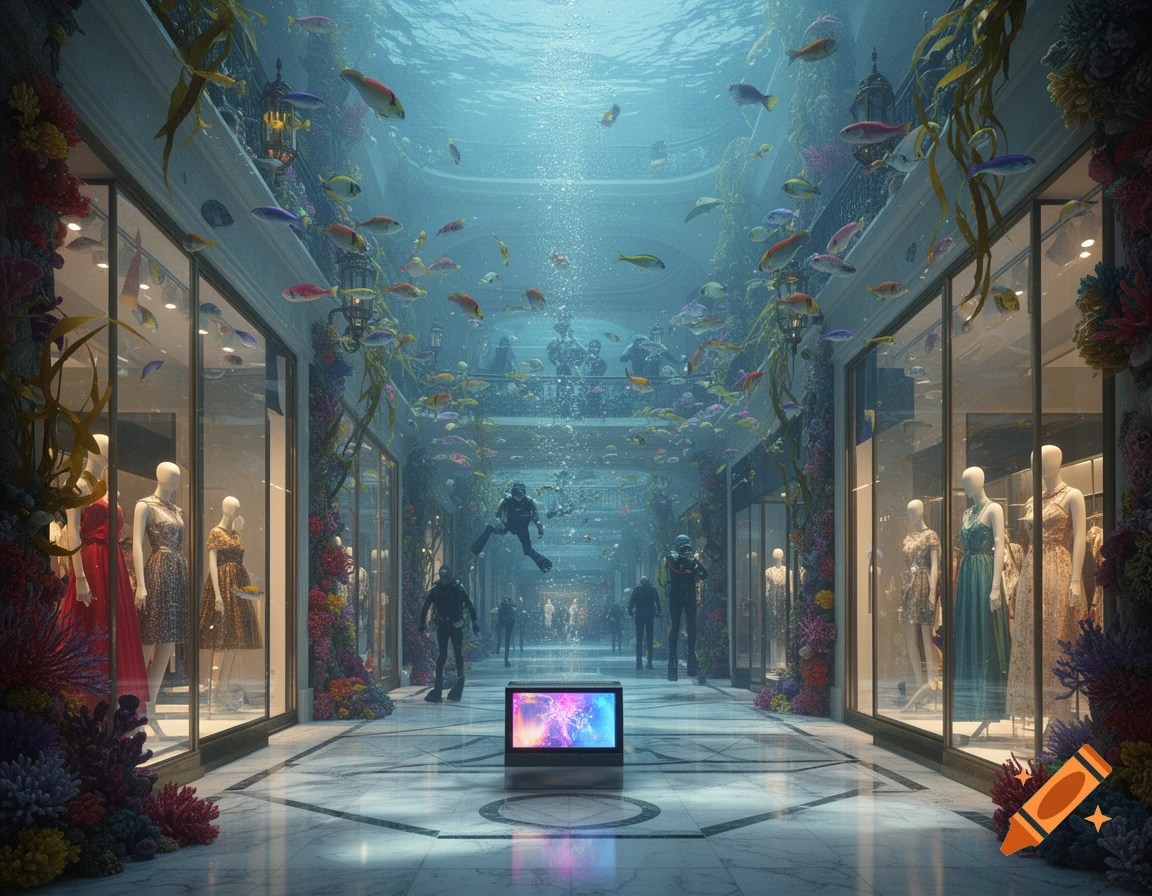 An underwater shopping mall with fish swimming amongst stores, mannequins, coral, and divers. A glowing screen is on the marble floor.