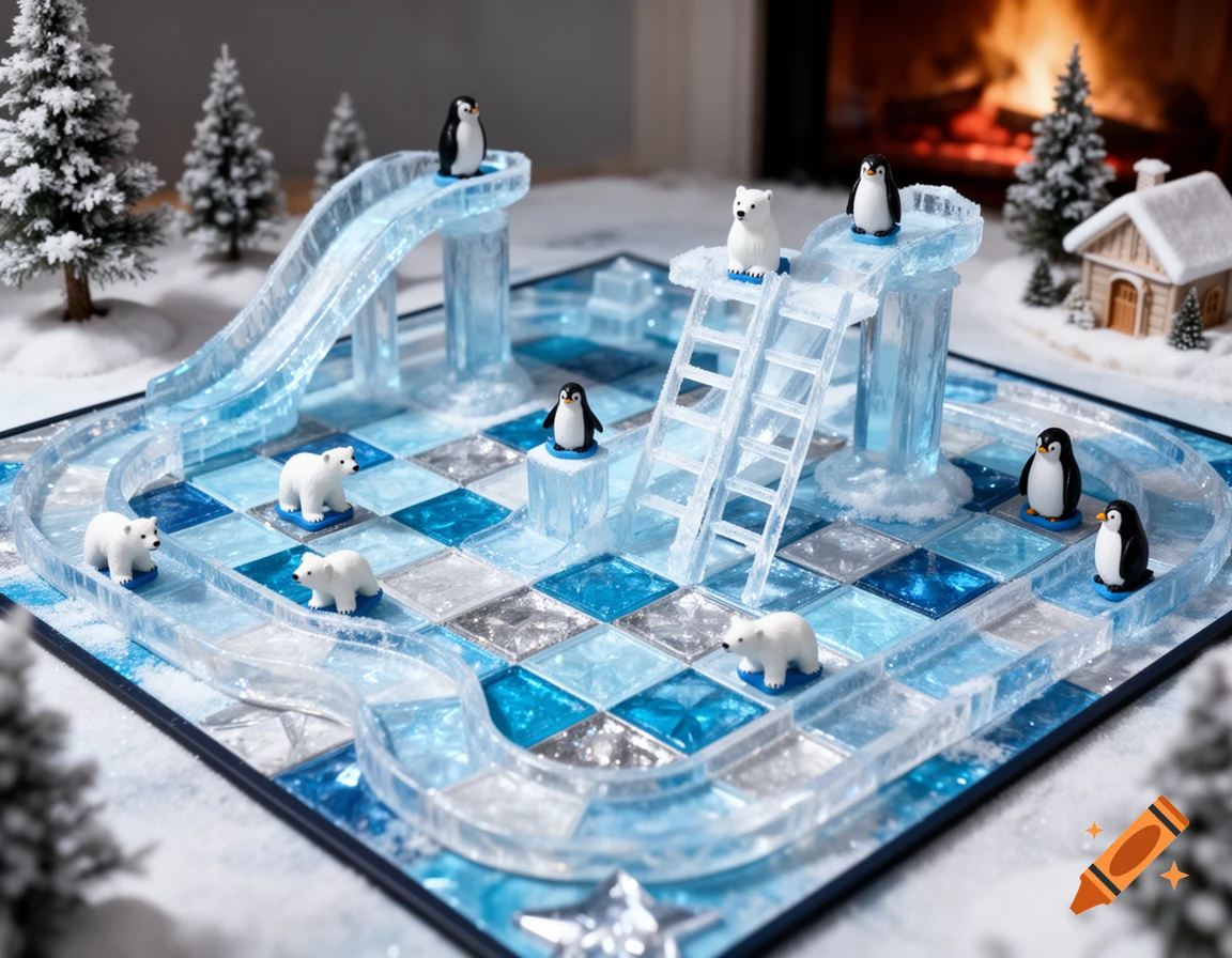 A detailed miniature icy board game with polar bear and penguin figures, slides, and ladders in a snowy landscape.