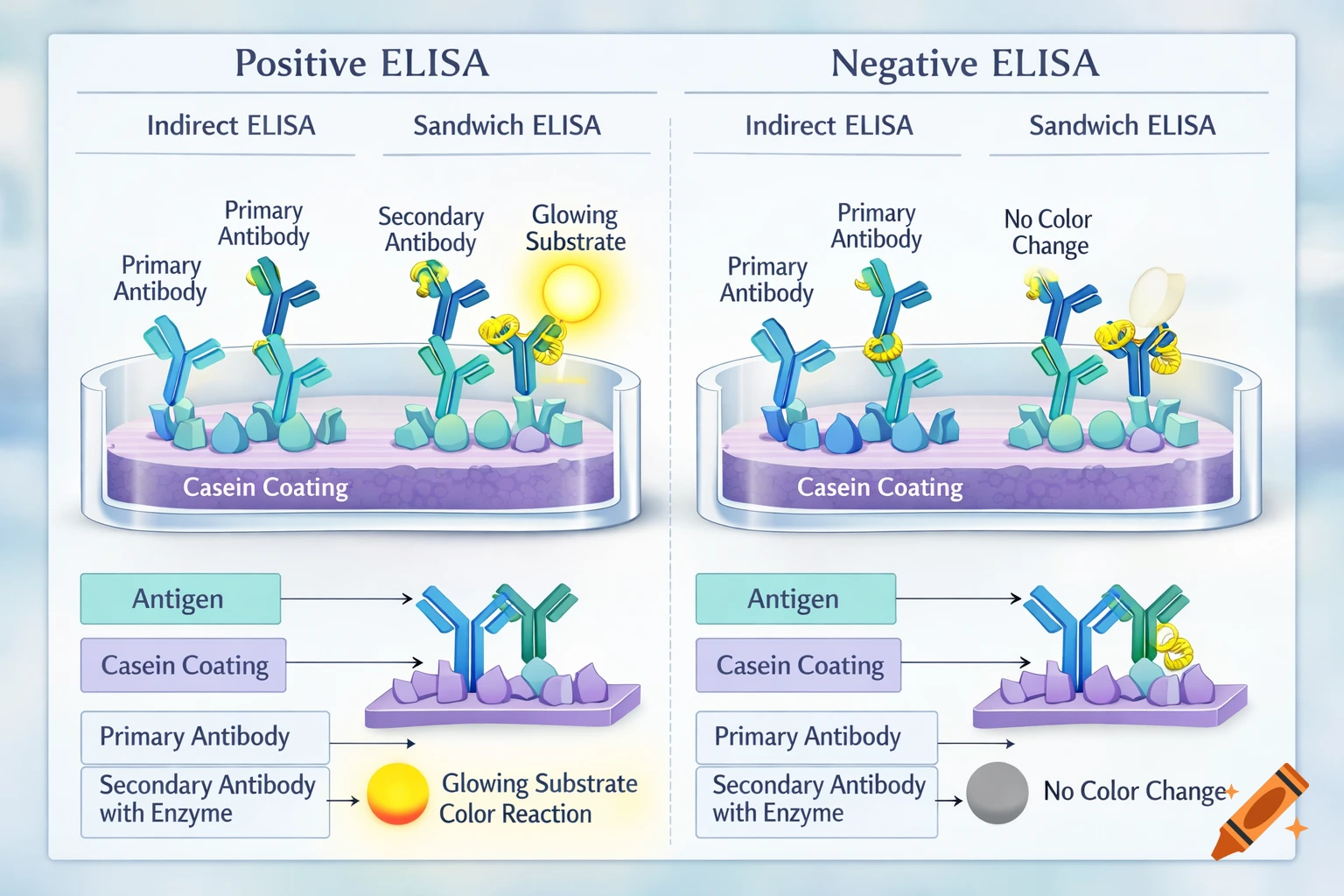 A scientific diagram illustrating the components and reactions of Positive and Negative ELISA assays, including Indirect and Sandwich methods.