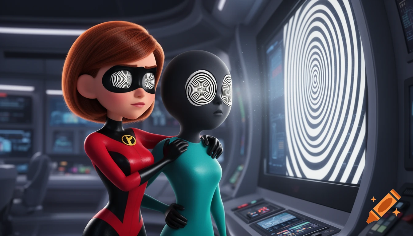 Elastigirl with her arm around Voyd from The Incredibles 2, both with hypnotic swirling eyes, watching a screen displaying a hypnotic pattern in an animation style.