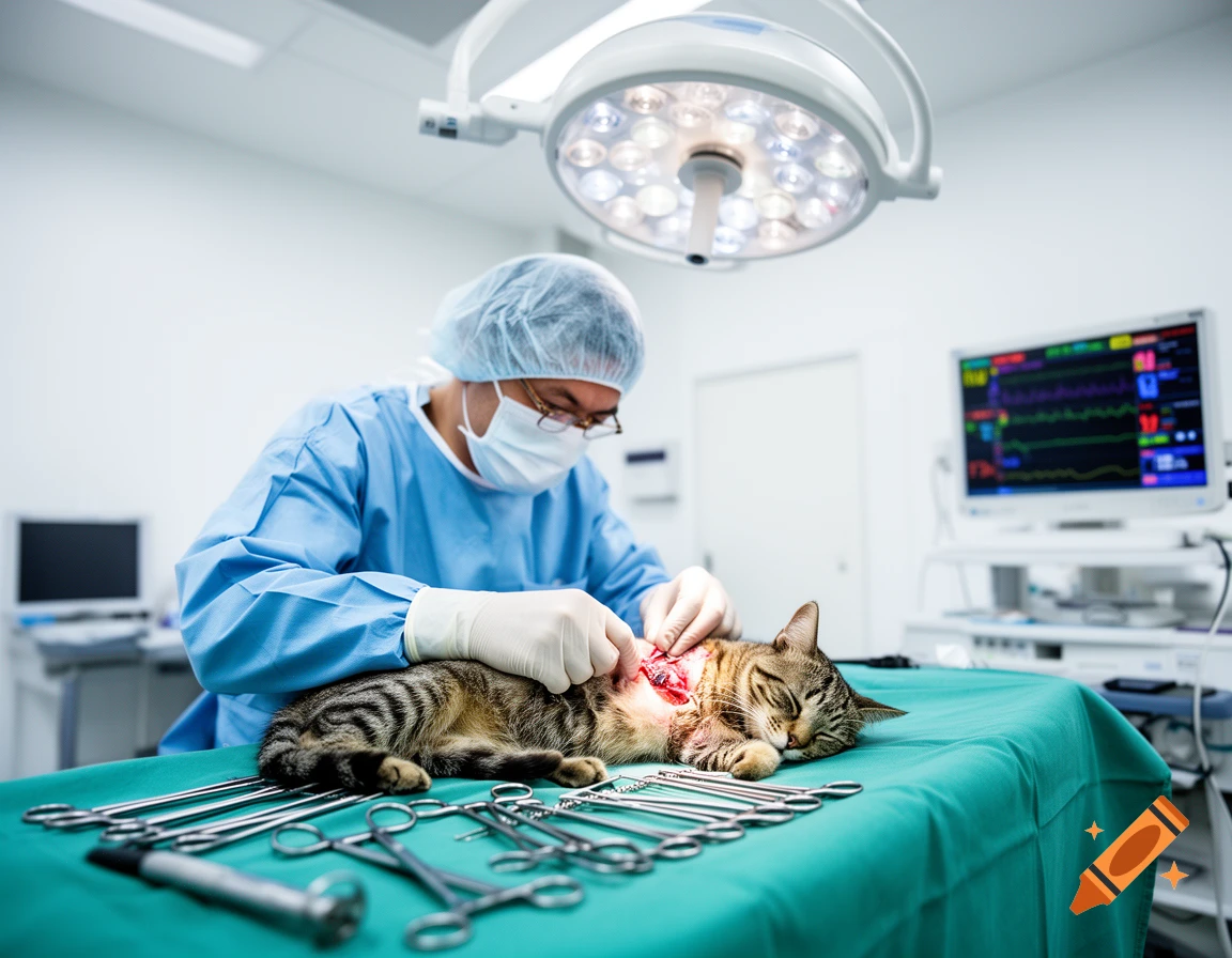 A close-up, photorealistic shot of a veterinarian performing surgery on a tabby cat on a bright green surgical table.