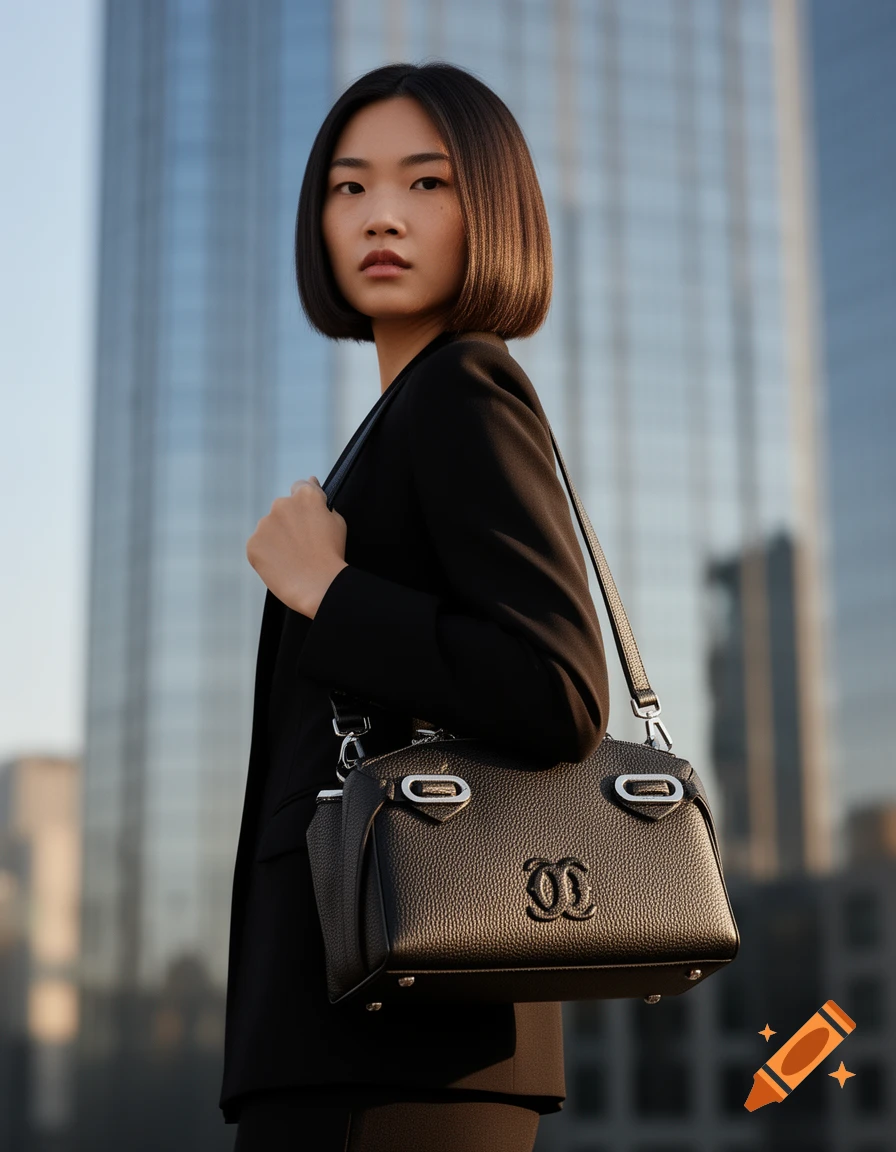 A stylish Asian woman with a bob haircut wears a black blazer and carries a black leather handbag, standing against a city skyscraper.