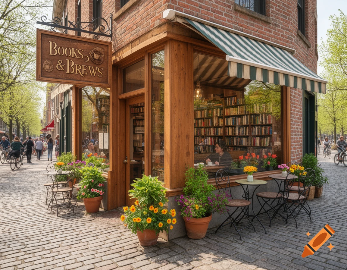 A quaint brick storefront for 'Books & Brews' on a cobbled street, adorned with potted flowers, with a person reading inside.