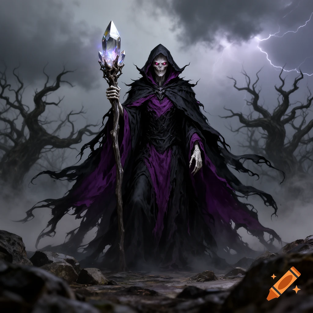 Skeletal wizard in dark purple and black robes, holding a glowing crystal staff, stands in a stormy, eerie landscape with dead trees and lightning.