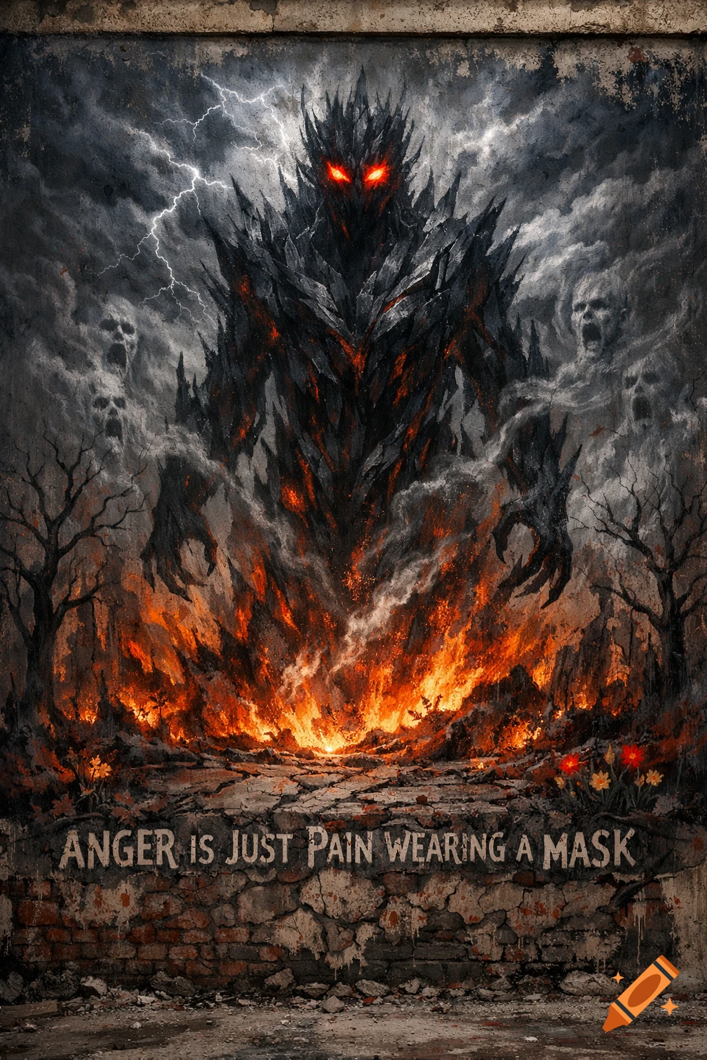 Dark demonic creature with red eyes emerges from flames under stormy skies with lightning, ghostly faces, and dead trees. Text on wall: 'ANGER IS JUST PAIN WEARING A MASK'.