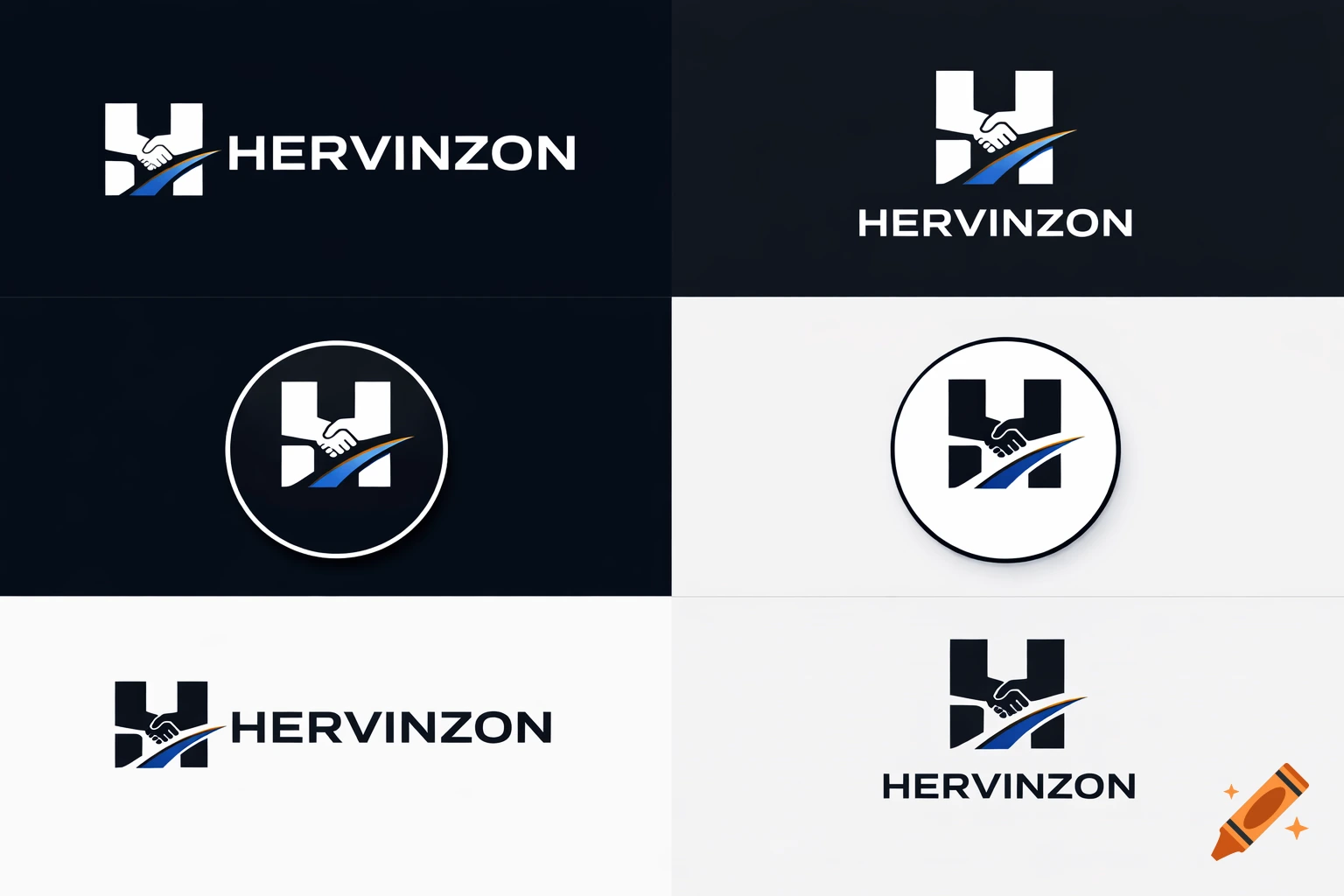 Six variations of a minimalist logo for 'HERVINZON', featuring a stylized 'H' integrated with a handshake and a blue/gold swoosh, presented on dark and light backgrounds.