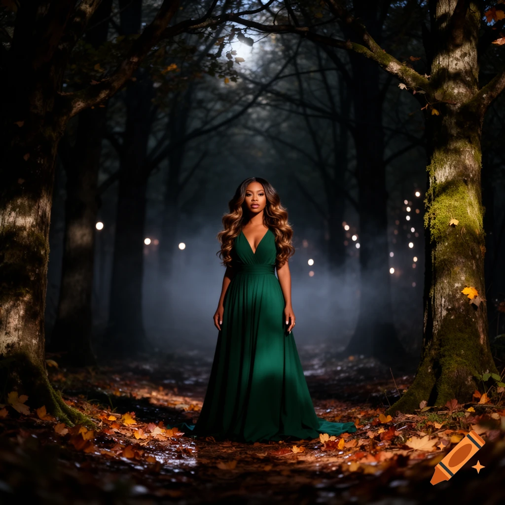 A woman in a flowing green dress stands in a dark, misty forest ...