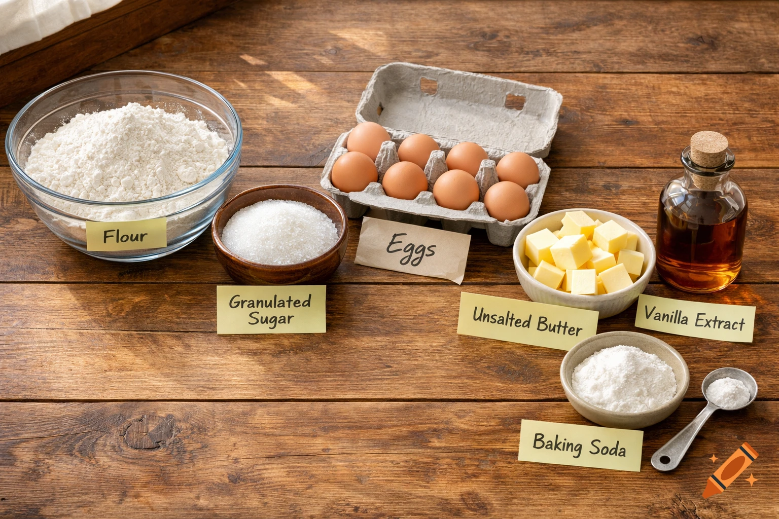 Photorealistic image of baking ingredients including flour, granulated sugar, eggs, unsalted butter, vanilla extract, and baking soda, labeled on a wooden table.