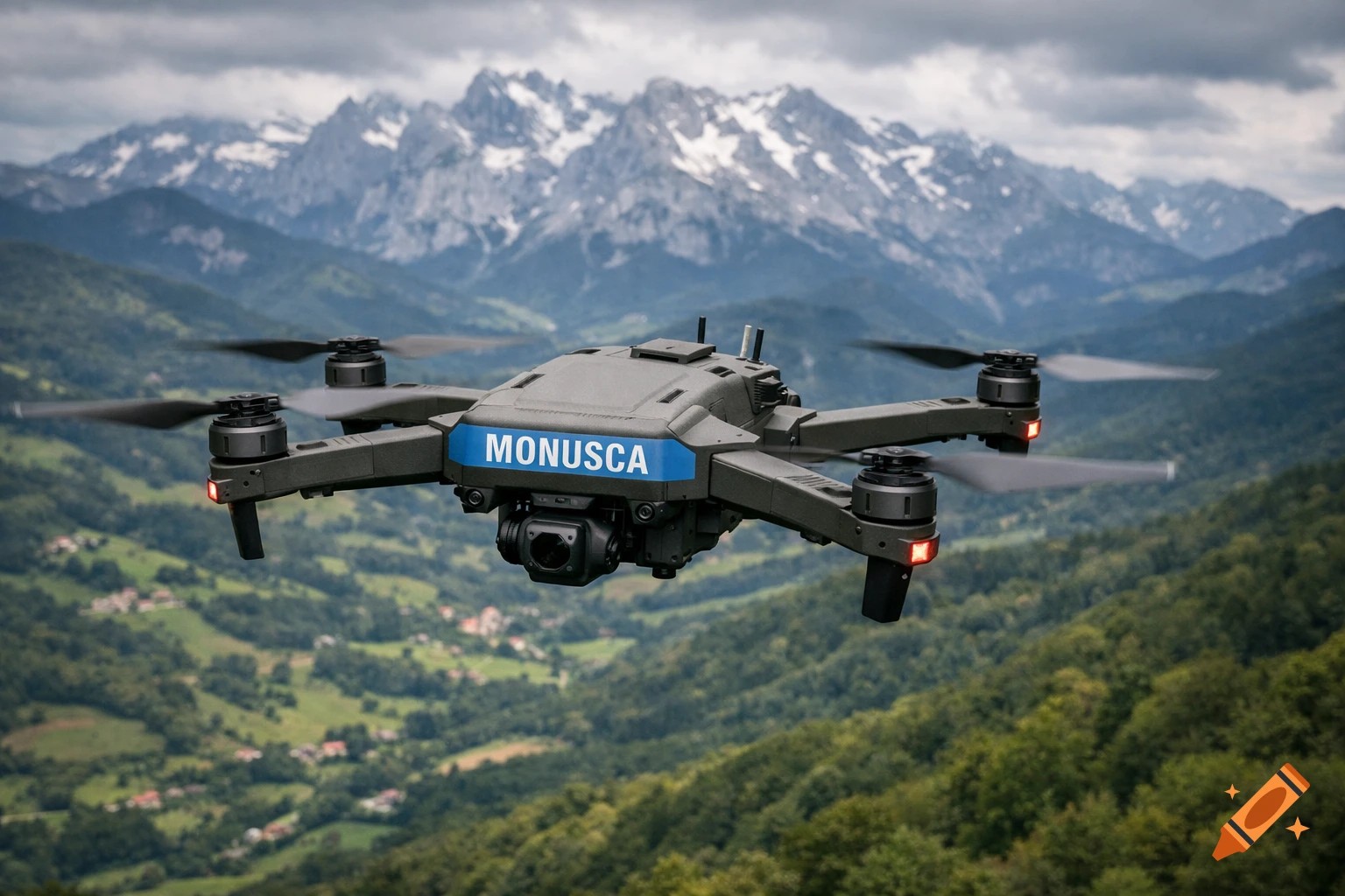 A photorealistic military-style quadcopter drone with 'MONUSCA' on a blue stripe, flying over lush green valleys and snow-capped mountains under dramatic clouds.