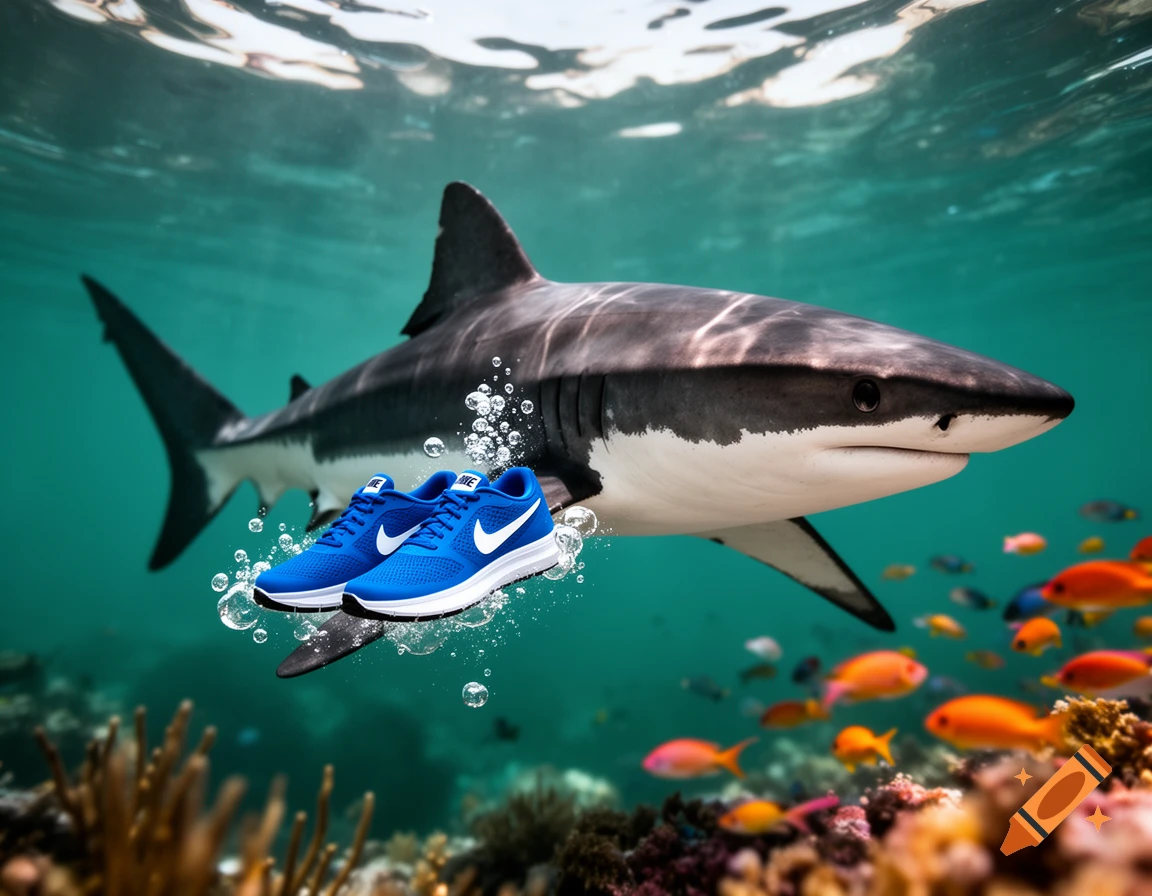 A shark swims underwater next to a pair of blue Nike running shoes, surrounded by bubbles and colorful fish over a coral reef.
