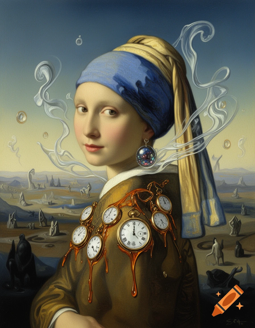 A surrealistic painting of the Girl with a Pearl Earring, featuring melting clocks on her dress and a desolate landscape in the background, in the style of Salvador Dalí.