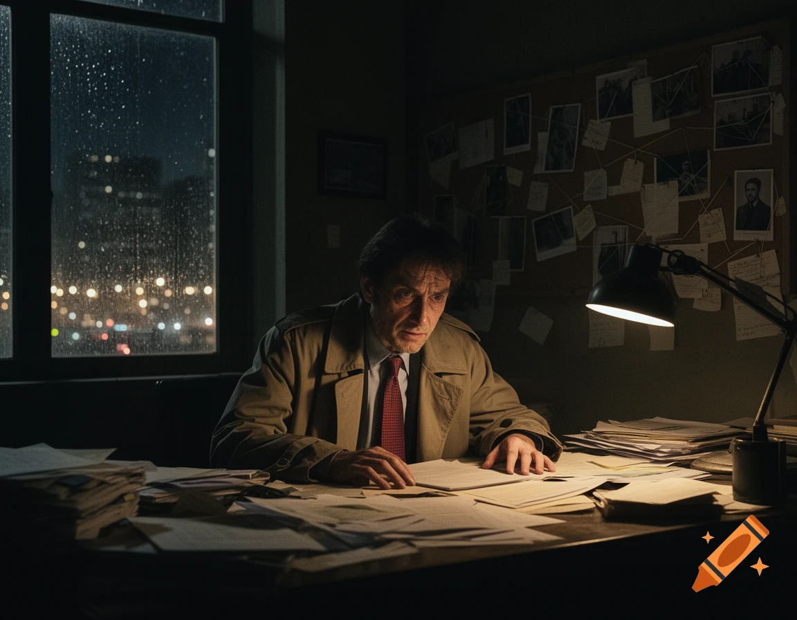 A tired detective in a trench coat works late at a messy desk, illuminated by a lamp, with a rainy city window view.