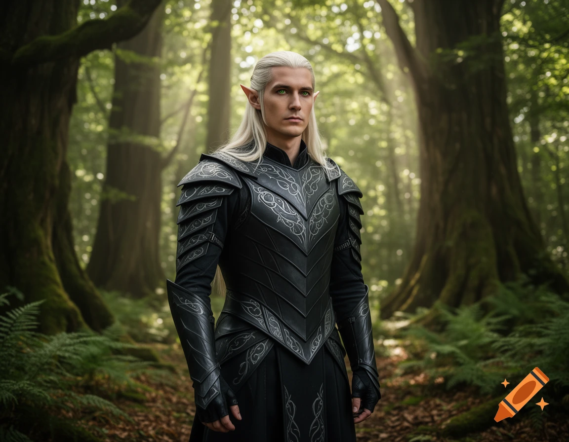 Photorealistic image of a male elf with long white hair and green eyes, wearing black armor, standing in a sunlit forest.