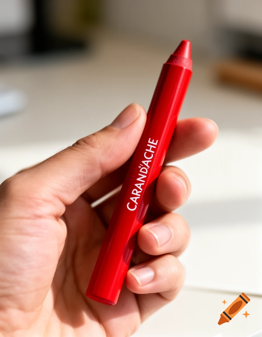 A photorealistic close-up of a hand holding a red Caran d'Ache crayon.