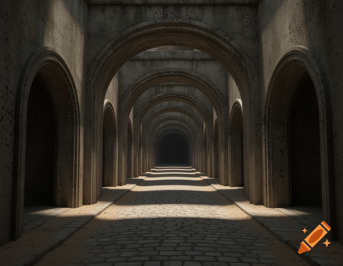 A long, symmetrical stone tunnel with many arches receding into darkness, lit by rays of sun on the cobblestone floor.