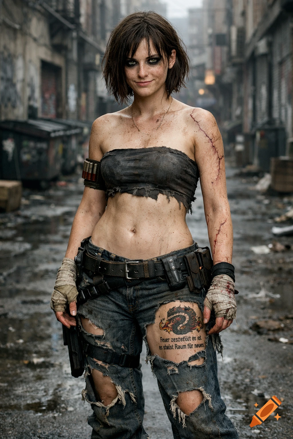 A smiling, dirt-covered woman with messy short hair, wearing a bandeau top and ripped jeans, stands in a desolate street. She has a prominent scar on her arm and a dragon tattoo with illegible text on her thigh. Photorealistic style.