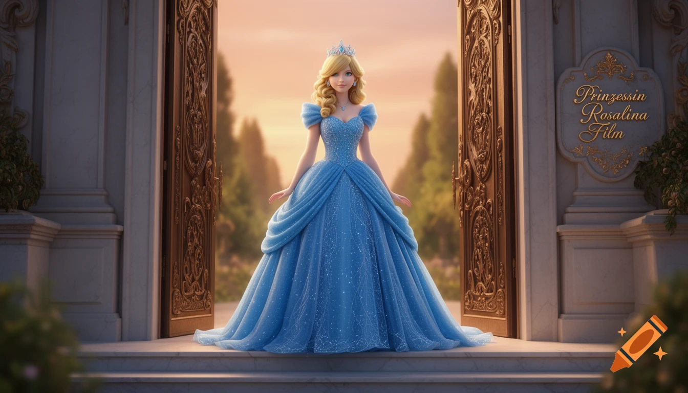 A blonde princess in a glittering blue ball gown and crown stands elegantly in a grand palace doorway, with a sign reading "Prinzessin Rosalina Film".