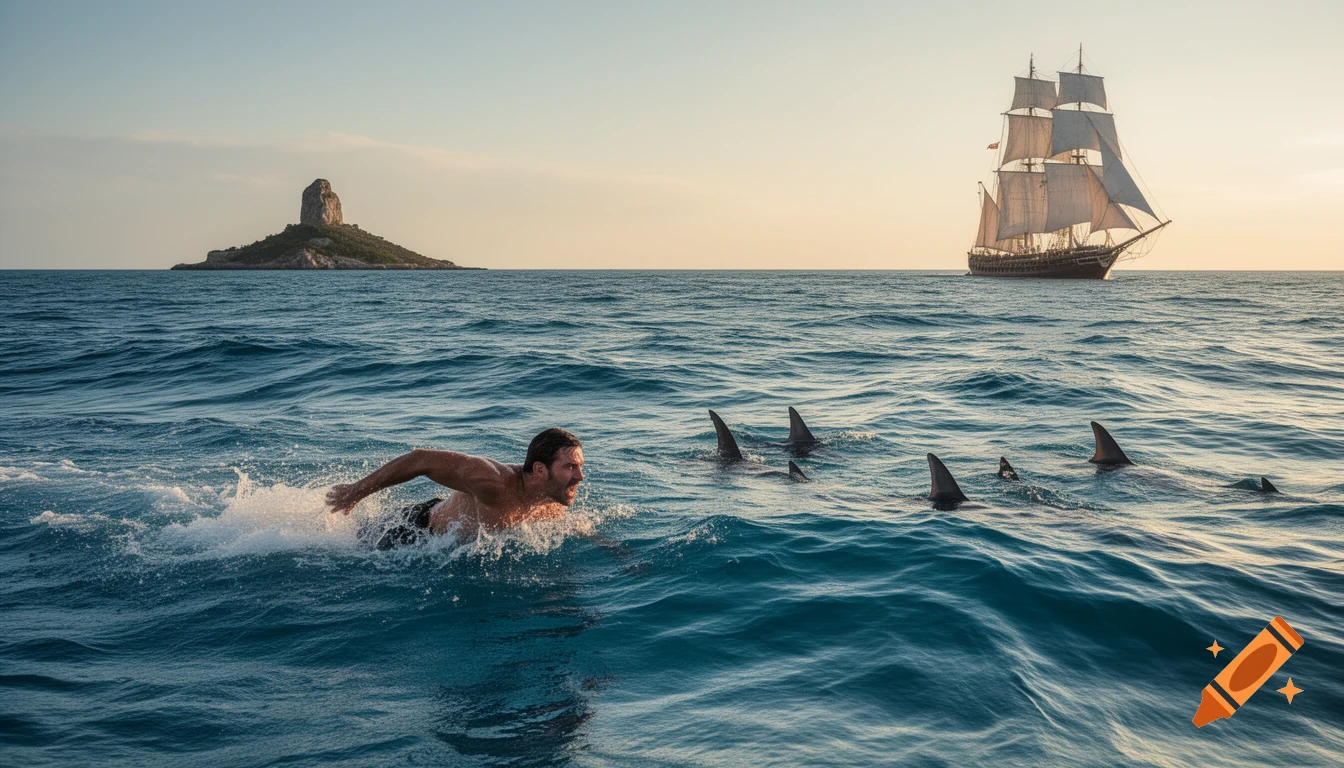 A man swims in the open ocean with shark fins surrounding him, an island and a sailing ship in the distance under a clear sky.