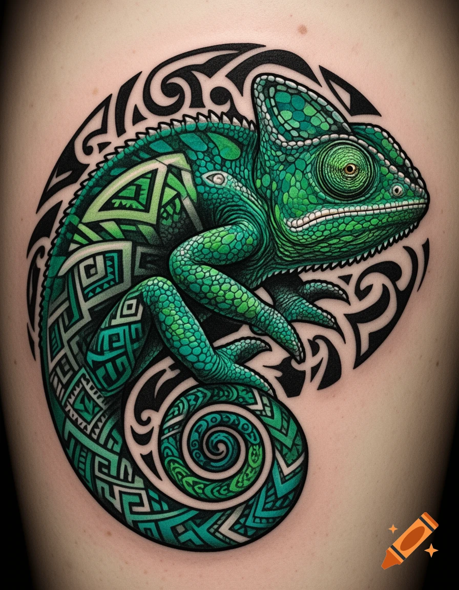 A vibrant green chameleon tattoo featuring intricate tribal patterns, rendered in an islander style on skin.