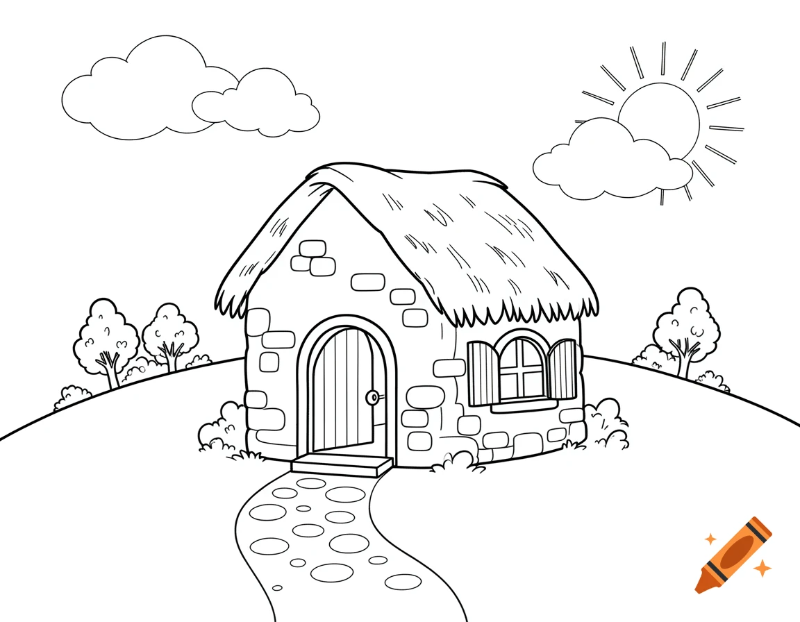 A black and white line art drawing of a rustic stone house with a thatched roof, a winding path, trees, clouds, and a sun, ready for coloring.