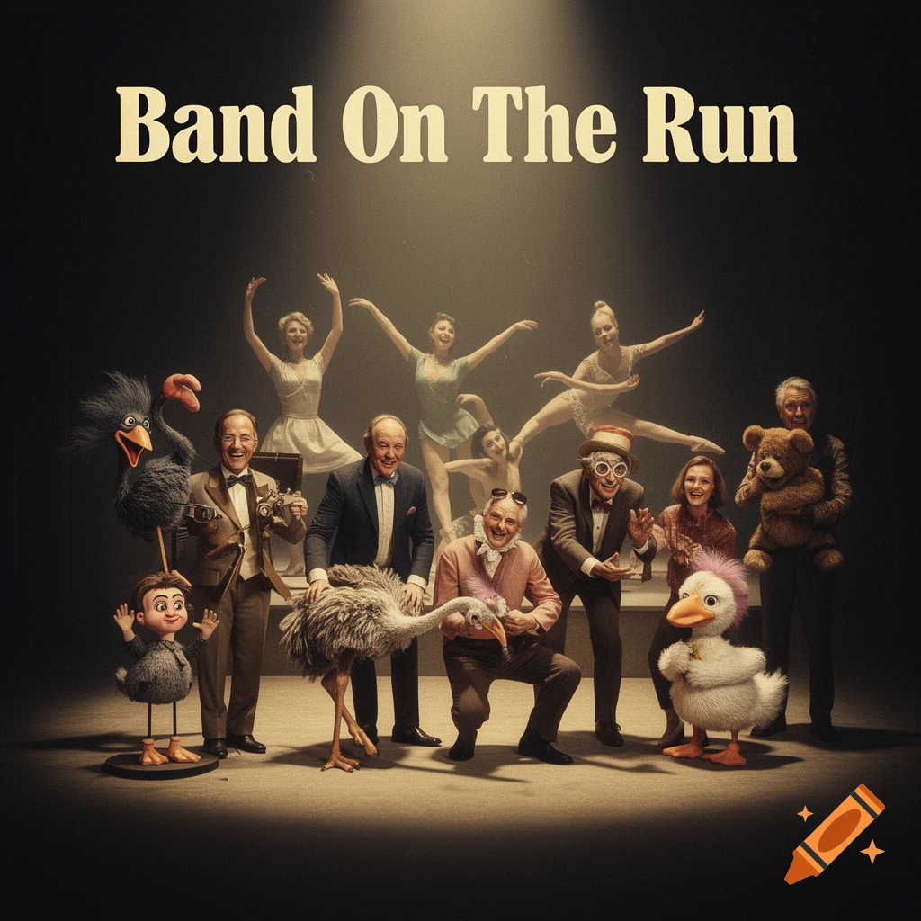 A theatrical group of ventriloquists, comedians, and dancers with animal puppets on a spotlighted stage, with 'Band On The Run' text above.