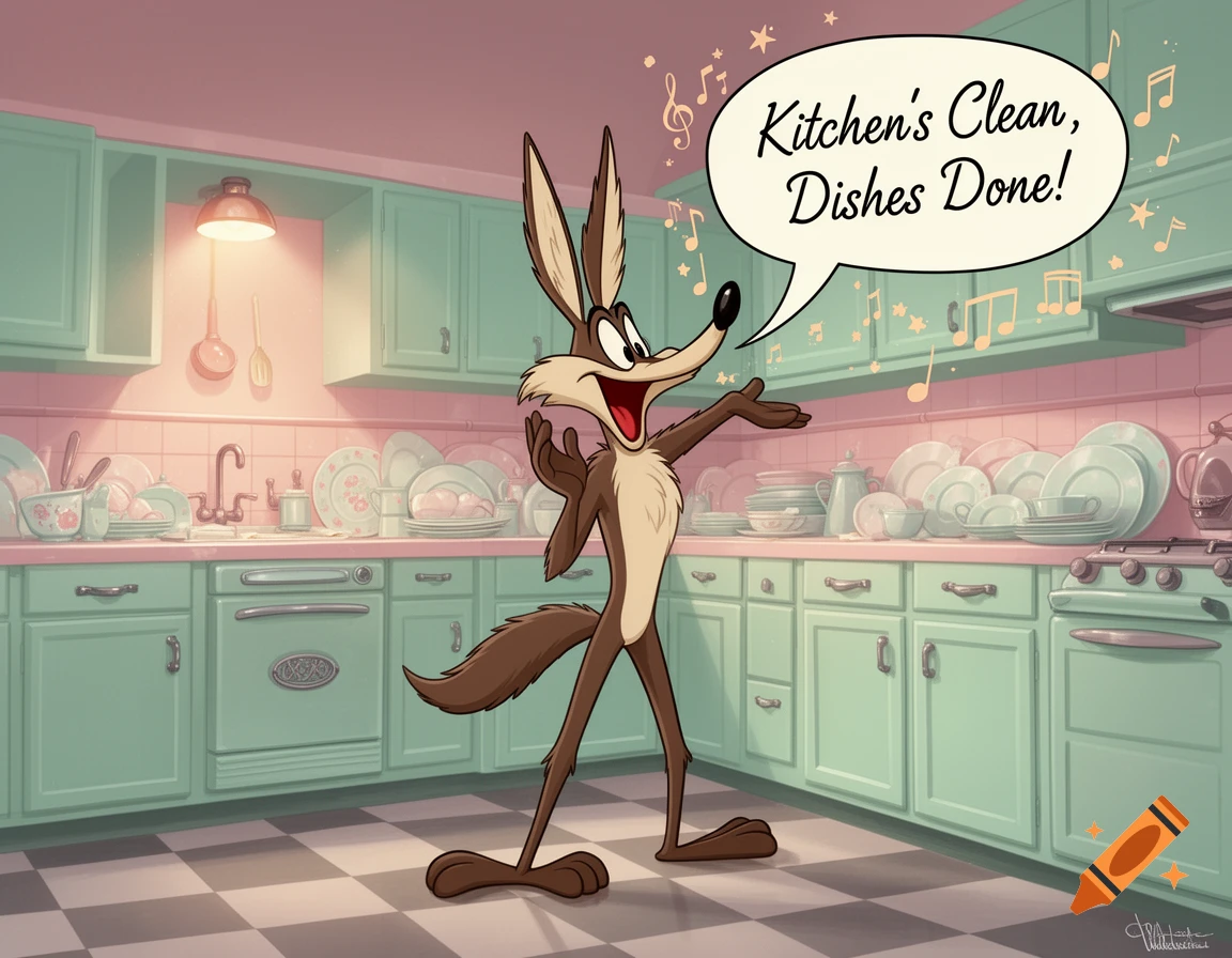 Wile E. Coyote stands proudly in a clean, retro kitchen, gesturing towards a speech bubble that reads "Kitchen's Clean, Dishes Done!" in a cartoon style.