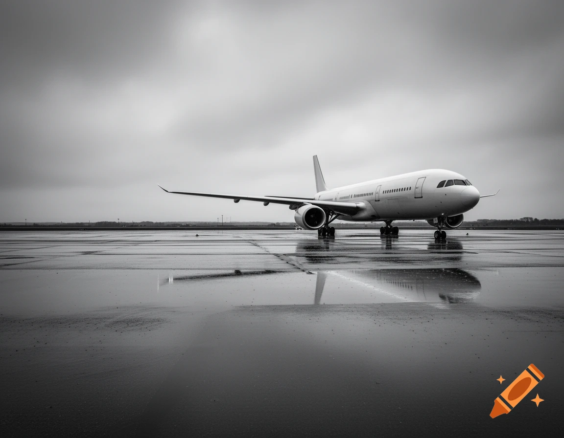 Photorealistic, black and white image of a large airliner on a wet airport tarmac under a cloudy sky.