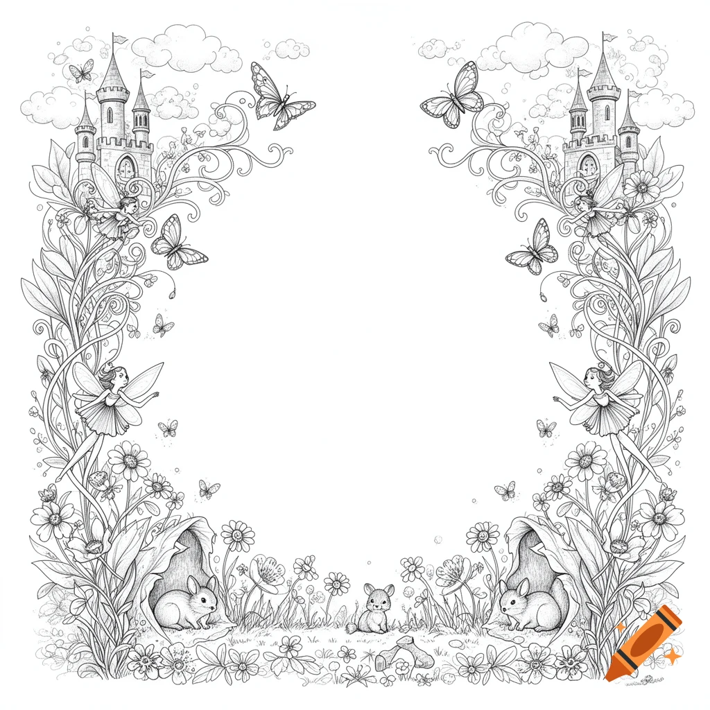 Black and white line art coloring page border featuring fairies, castles, butterflies, mice, and flowers.