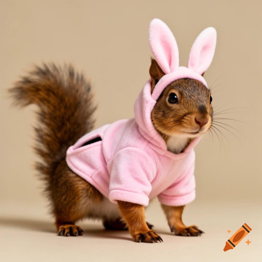 A fluffy brown squirrel wearing a pink hoodie with bunny ears stands on a beige background, looking forward.