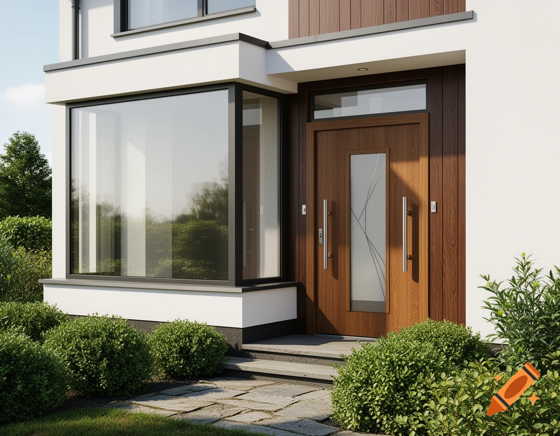 Photorealistic rendering of a modern house facade featuring a large bay window, a wooden front door with steel handles, and surrounding green bushes.