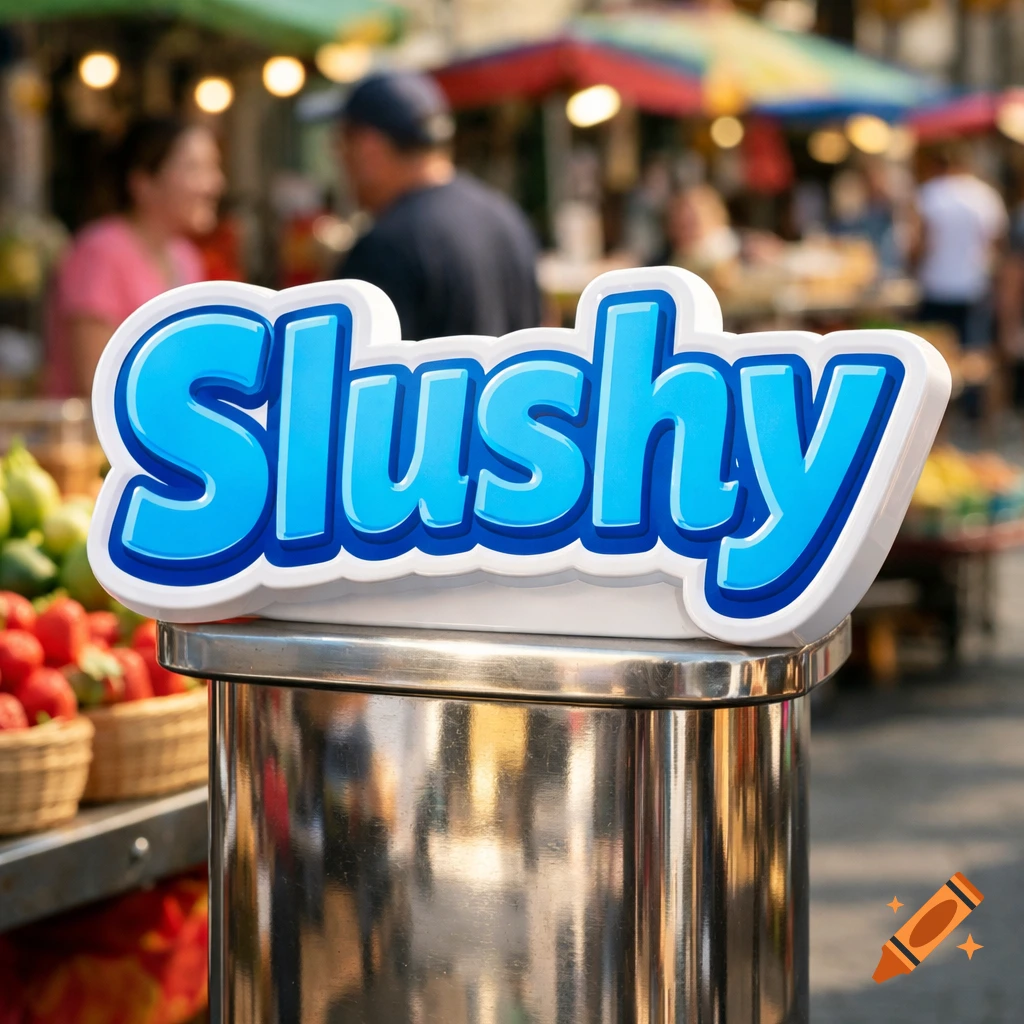 A blue and white 'Slushy' sign on a chrome beverage dispenser, with a blurred outdoor market background.