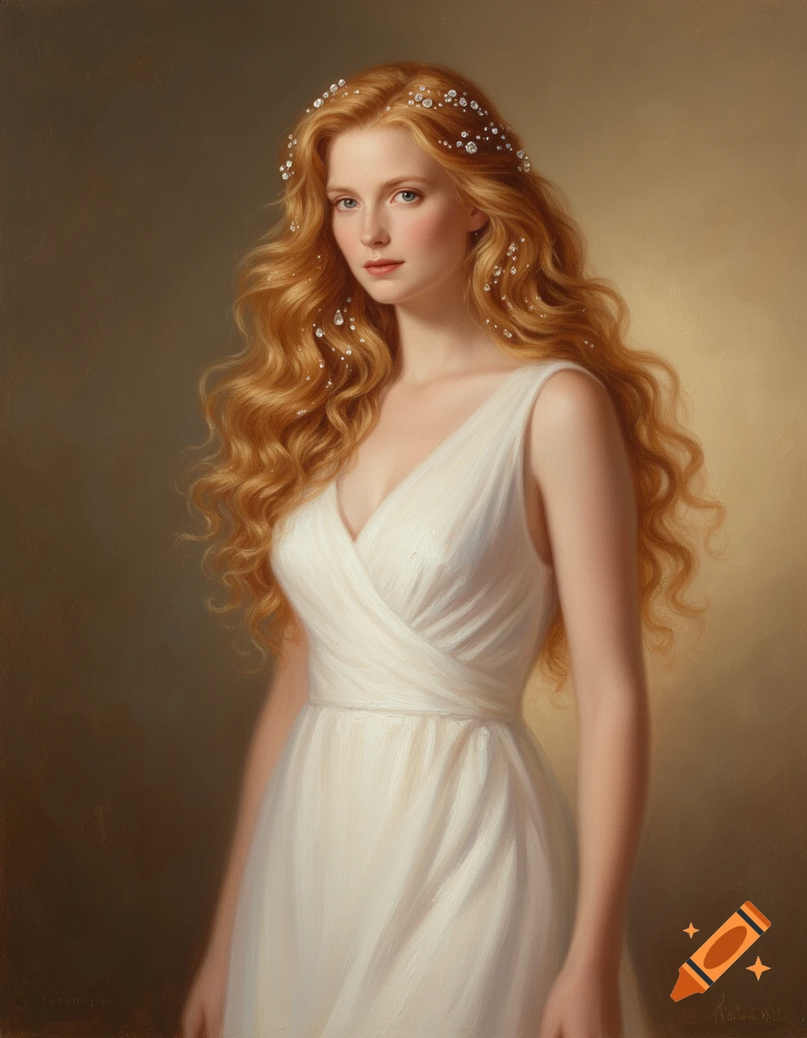 Oil painting of a woman with long wavy strawberry blonde hair adorned with diamonds, wearing a white sleeveless dress.