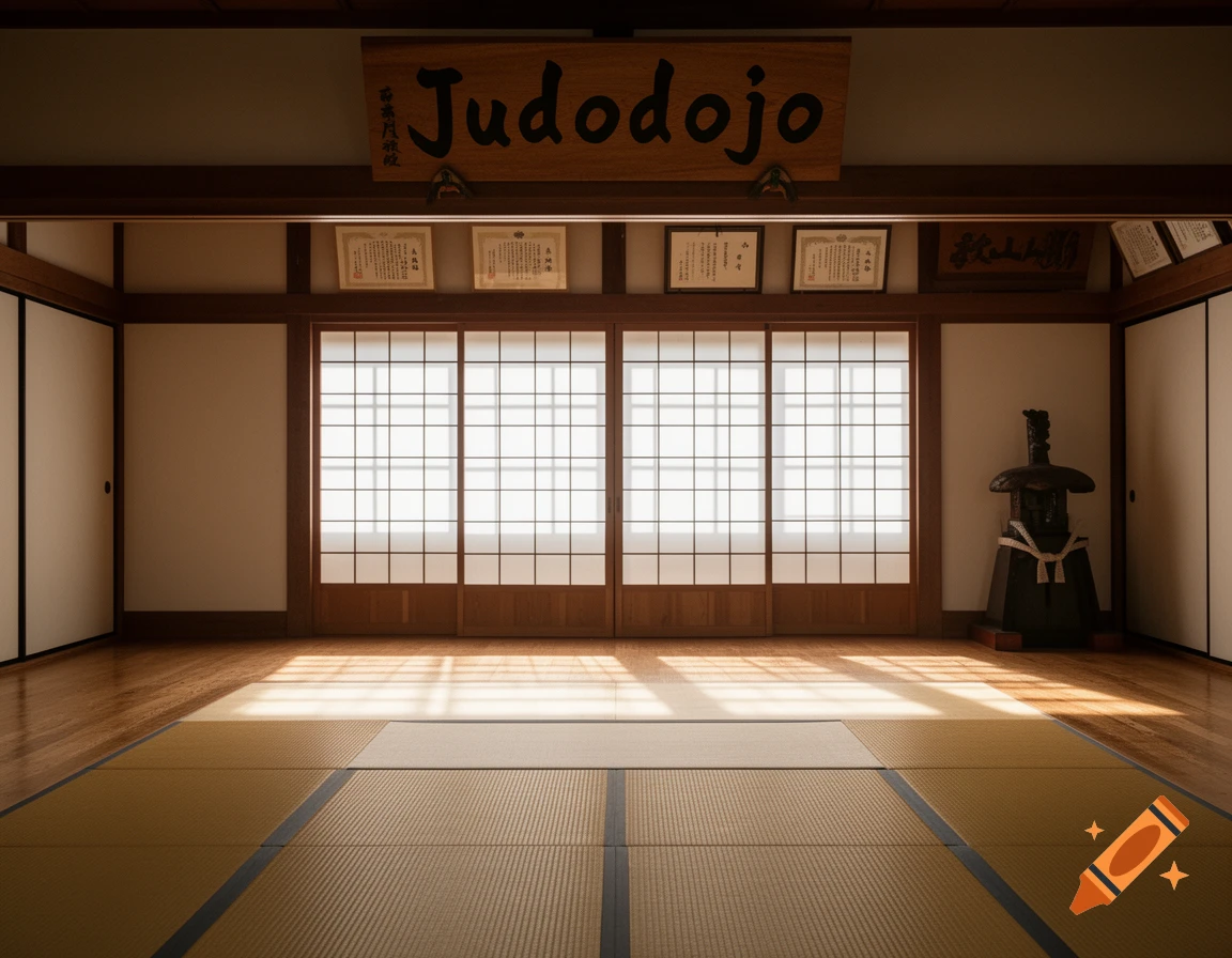 A serene, well-lit traditional Japanese Judodojo with tatami mats, shoji screens, and a wooden sign displaying "Judodojo".