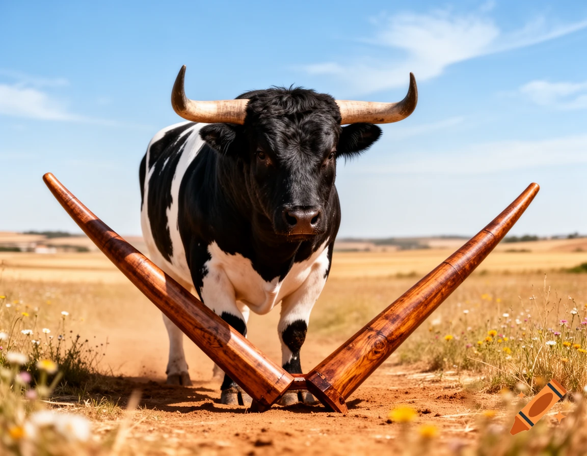A black and white bull with large horns stands behind a wooden forcão on a dirt path in a sunny, rural field.