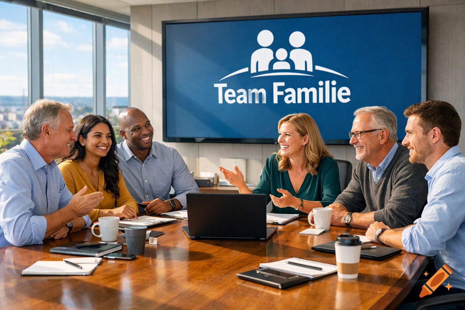 A diverse group of six smiling professionals in a modern conference room, seated around a large table with a screen displaying a "Team Familie" logo.