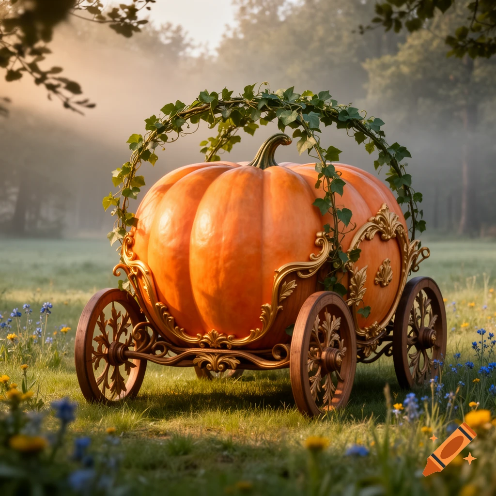 An ornate, photorealistic pumpkin carriage with gold details and green vines in a sunlit, misty meadow with wildflowers.