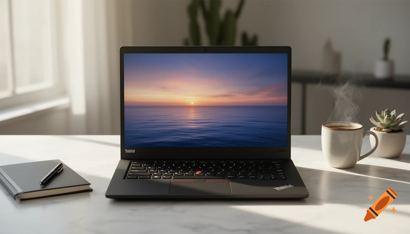 A black ThinkPad laptop with a sunset wallpaper on its screen sits on a white marble desk. A steaming coffee cup and a succulent plant are to the right, and a black notebook with a pen is to the left.