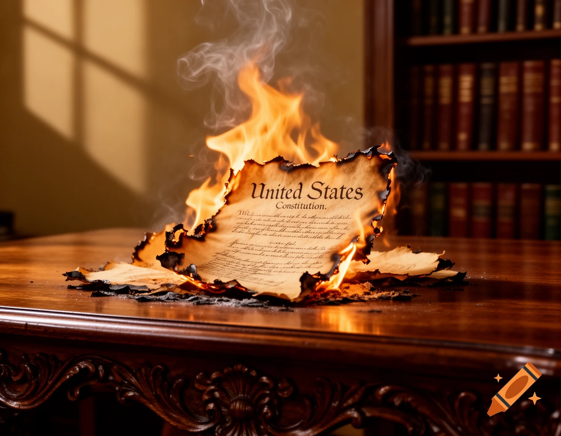 A burning document titled "United States Constitution" on a wooden table, emitting flames and smoke in a library setting.