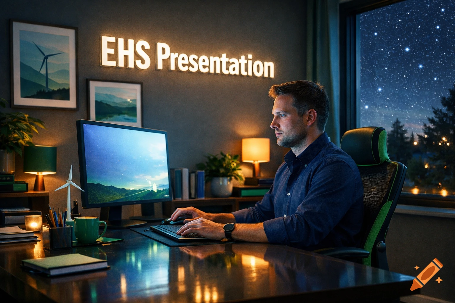 A man works on a computer in a dimly lit home office at night, with an "EHS Presentation" sign glowing on the wall and stars visible outside the window.