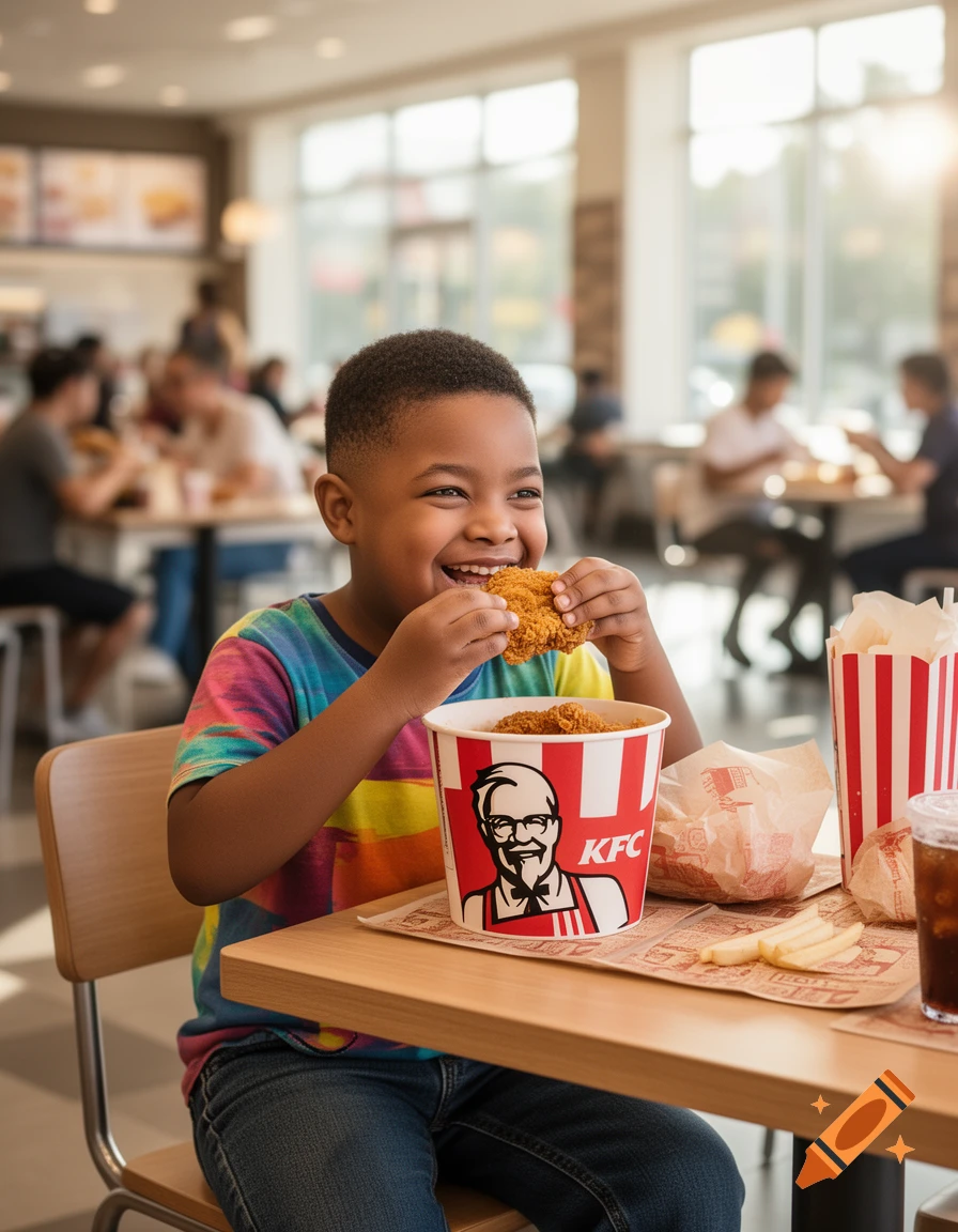 A happy child in a colorful shirt eating fried chicken from a KFC bucket in a brightly lit restaurant.