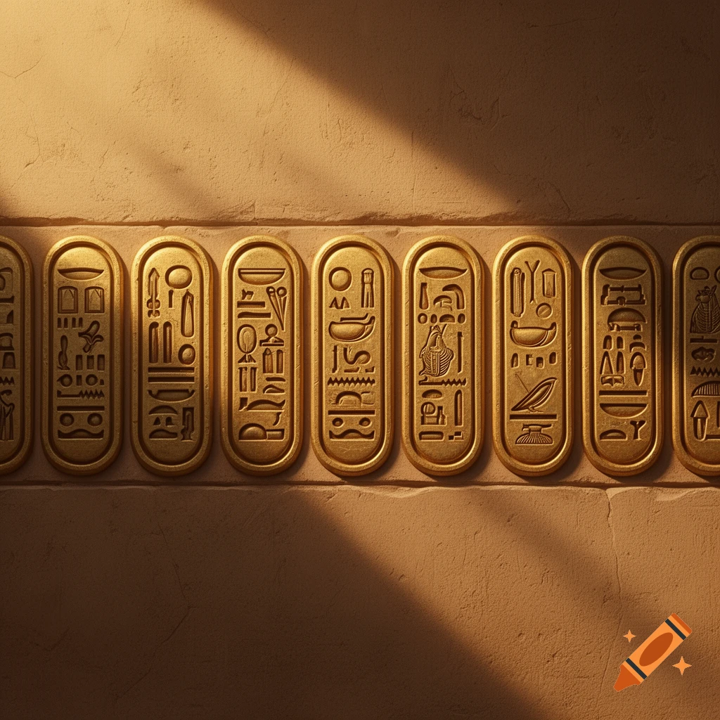 A line of golden Egyptian cartouches carved with hieroglyphs on a textured beige wall, illuminated by sunlight and shadows.