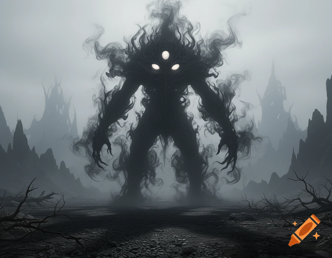 A colossal, shadowy, smoke-like monster with three glowing eyes looms over a desolate, foggy landscape with gnarled trees.