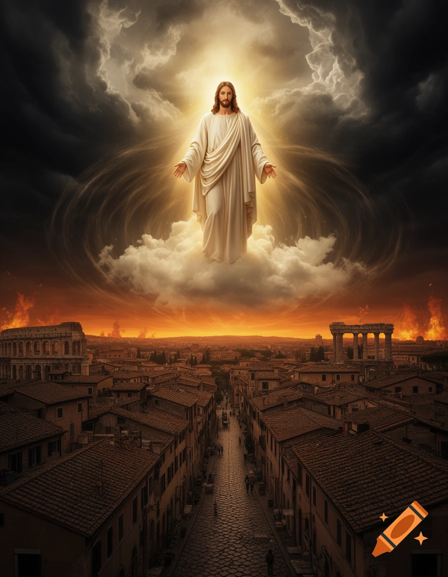 Jesus appears in glowing clouds above an ancient city burning, with Roman ruins and a fiery orange sky.